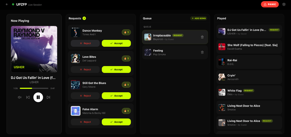 DJ Dashboard showing all four columns