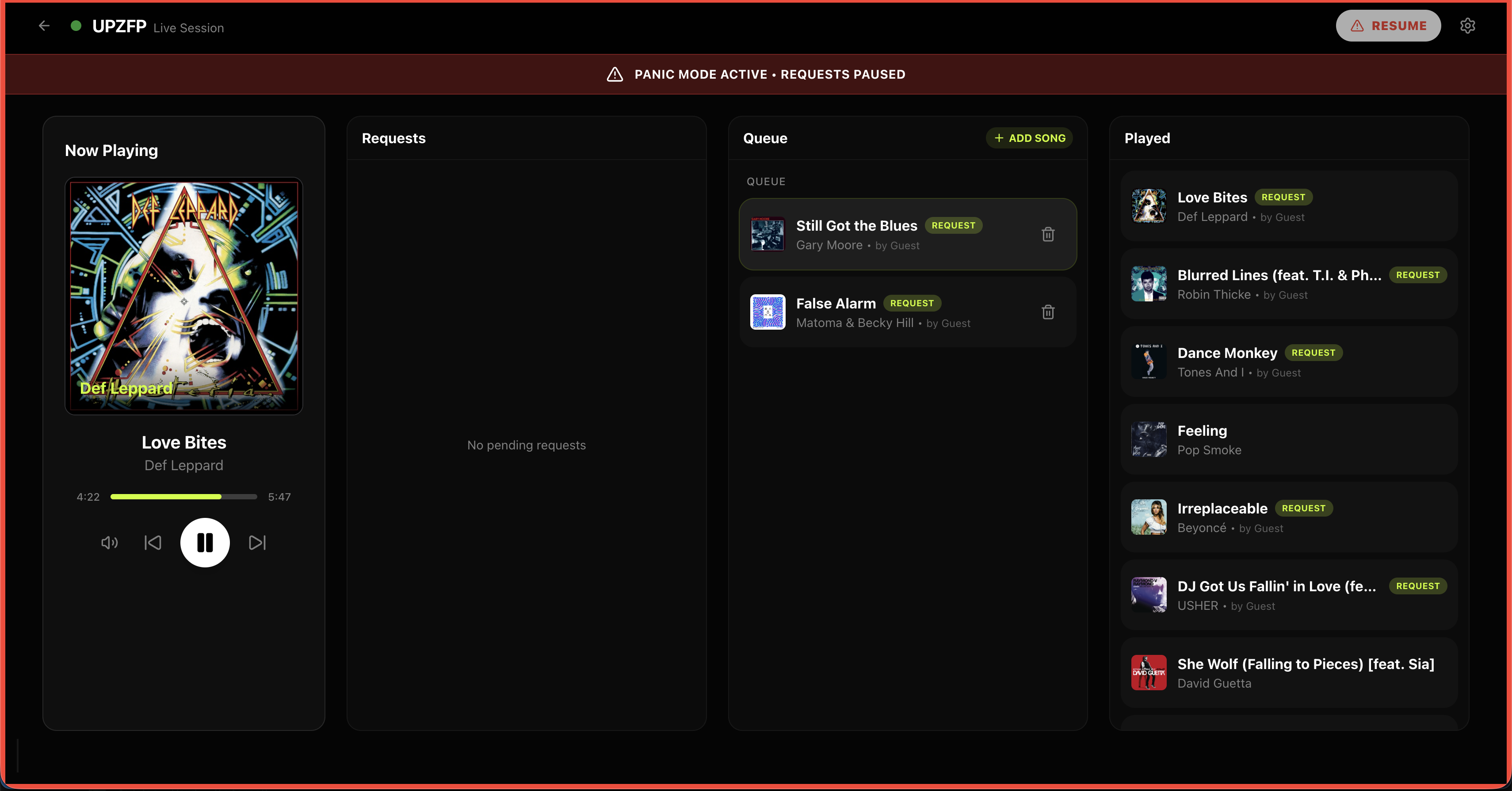 DJ Dashboard with Panic Mode active